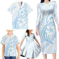 Hawaii Plumeria Lokelani Pikake Lei Family Matching Long Sleeve Bodycon Dress and Hawaiian Shirt Uliuli Polynesian Tattoo