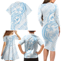 Hawaii Plumeria Lokelani Pikake Lei Family Matching Long Sleeve Bodycon Dress and Hawaiian Shirt Uliuli Polynesian Tattoo