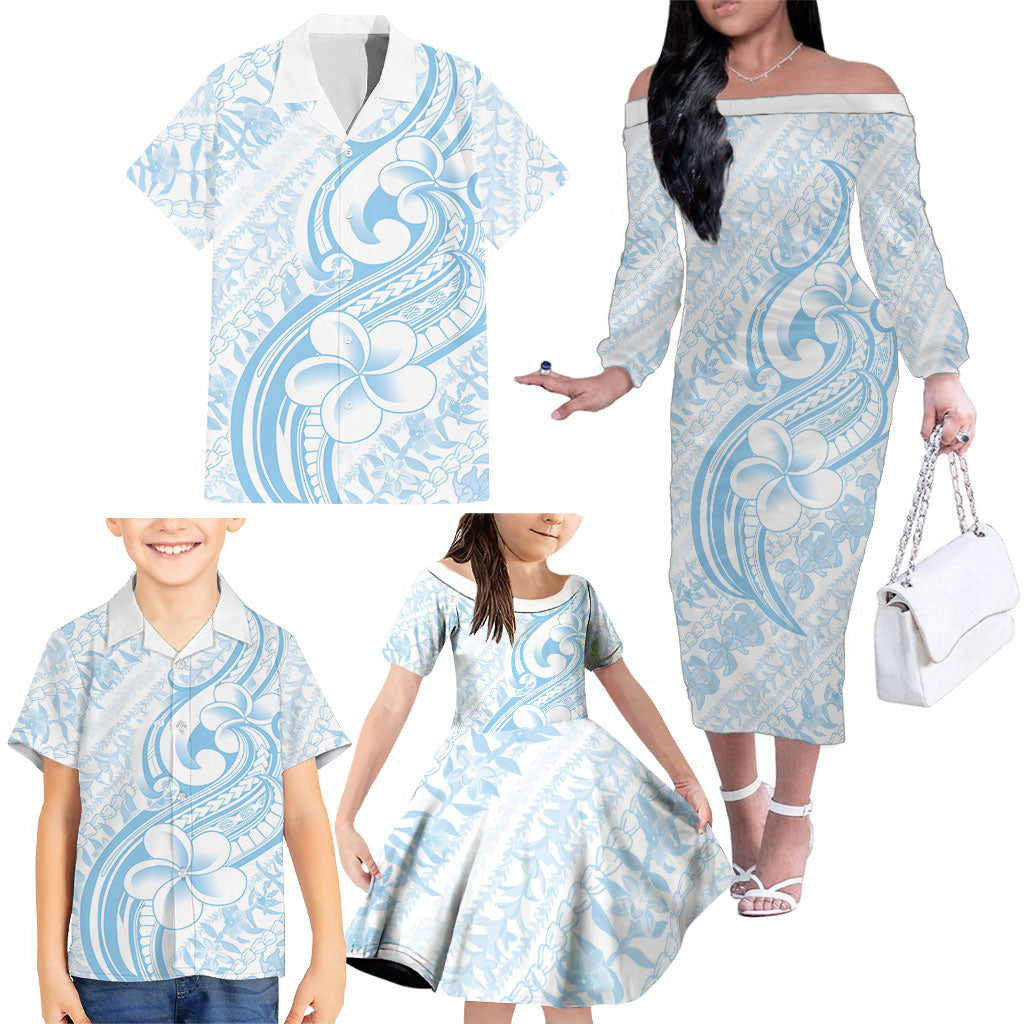 Hawaii Plumeria Lokelani Pikake Lei Family Matching Off The Shoulder Long Sleeve Dress and Hawaiian Shirt Uliuli Polynesian Tattoo