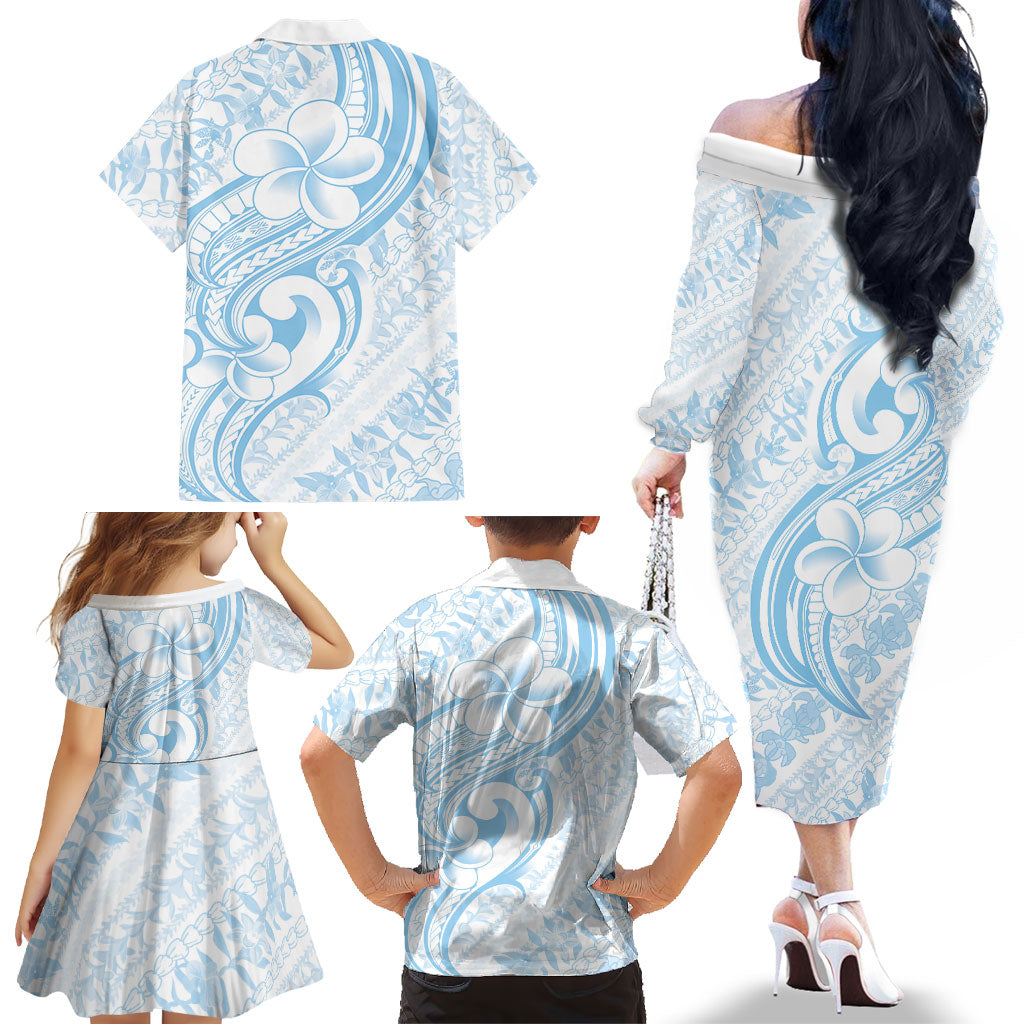 Hawaii Plumeria Lokelani Pikake Lei Family Matching Off The Shoulder Long Sleeve Dress and Hawaiian Shirt Uliuli Polynesian Tattoo