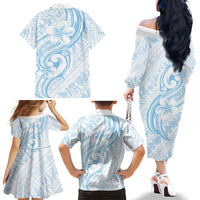 Hawaii Plumeria Lokelani Pikake Lei Family Matching Off The Shoulder Long Sleeve Dress and Hawaiian Shirt Uliuli Polynesian Tattoo