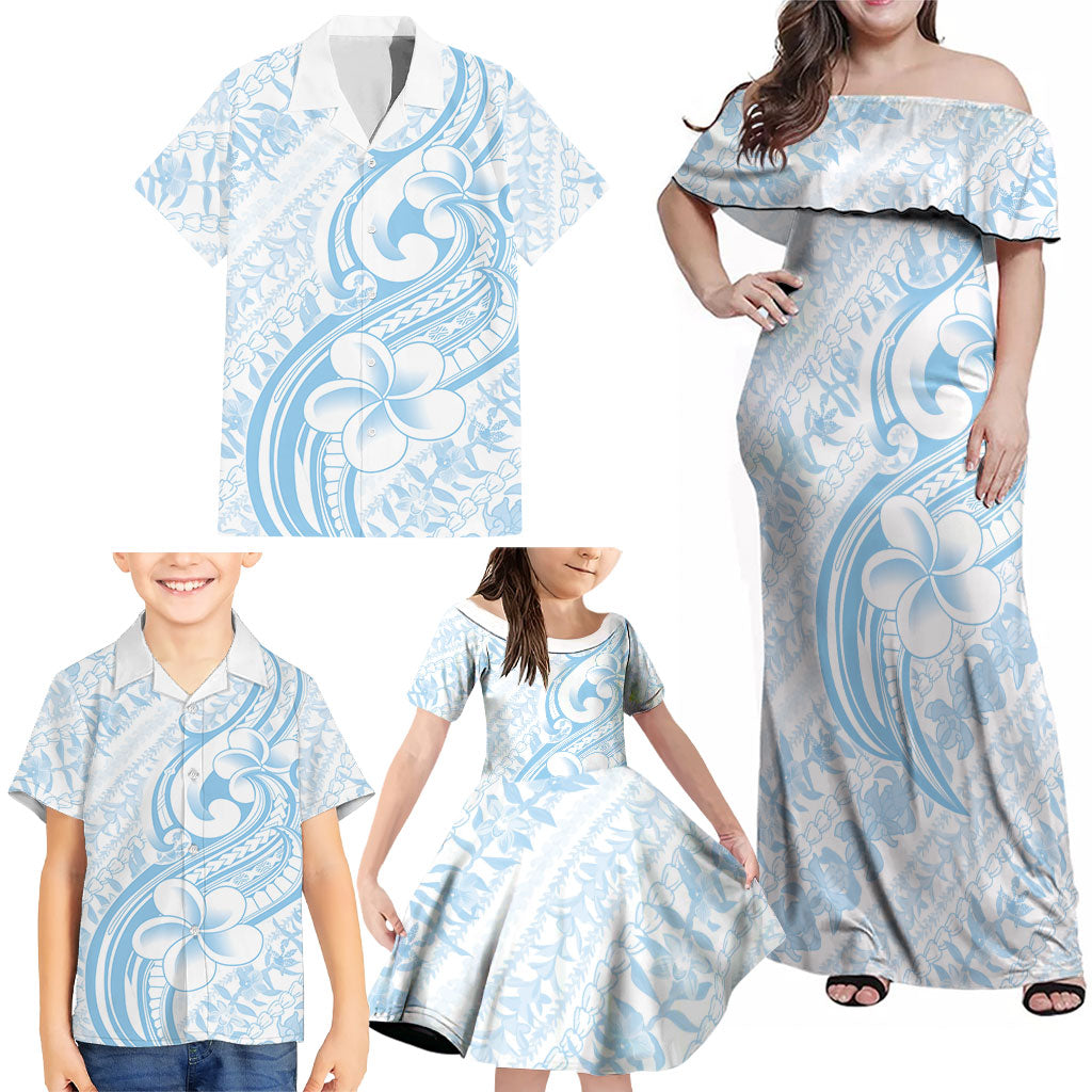 Hawaii Plumeria Lokelani Pikake Lei Family Matching Off Shoulder Maxi Dress and Hawaiian Shirt Uliuli Polynesian Tattoo