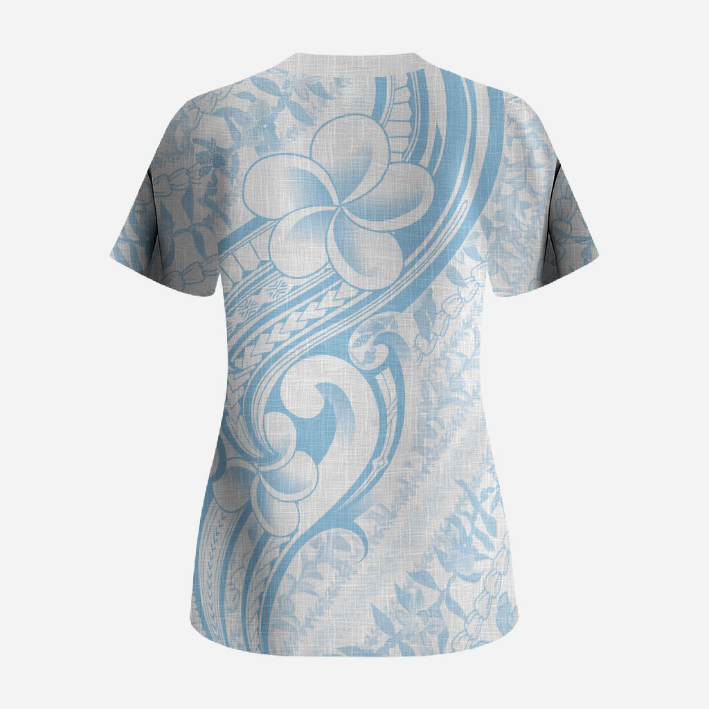 Hawaii Plumeria Lokelani Pikake Lei Scrub Top Uliuli Polynesian Tattoo