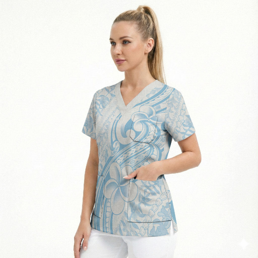 Hawaii Plumeria Lokelani Pikake Lei Scrub Top Uliuli Polynesian Tattoo