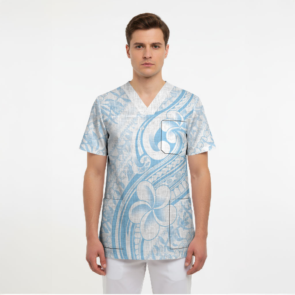 Hawaii Plumeria Lokelani Pikake Lei Scrub Top Uliuli Polynesian Tattoo