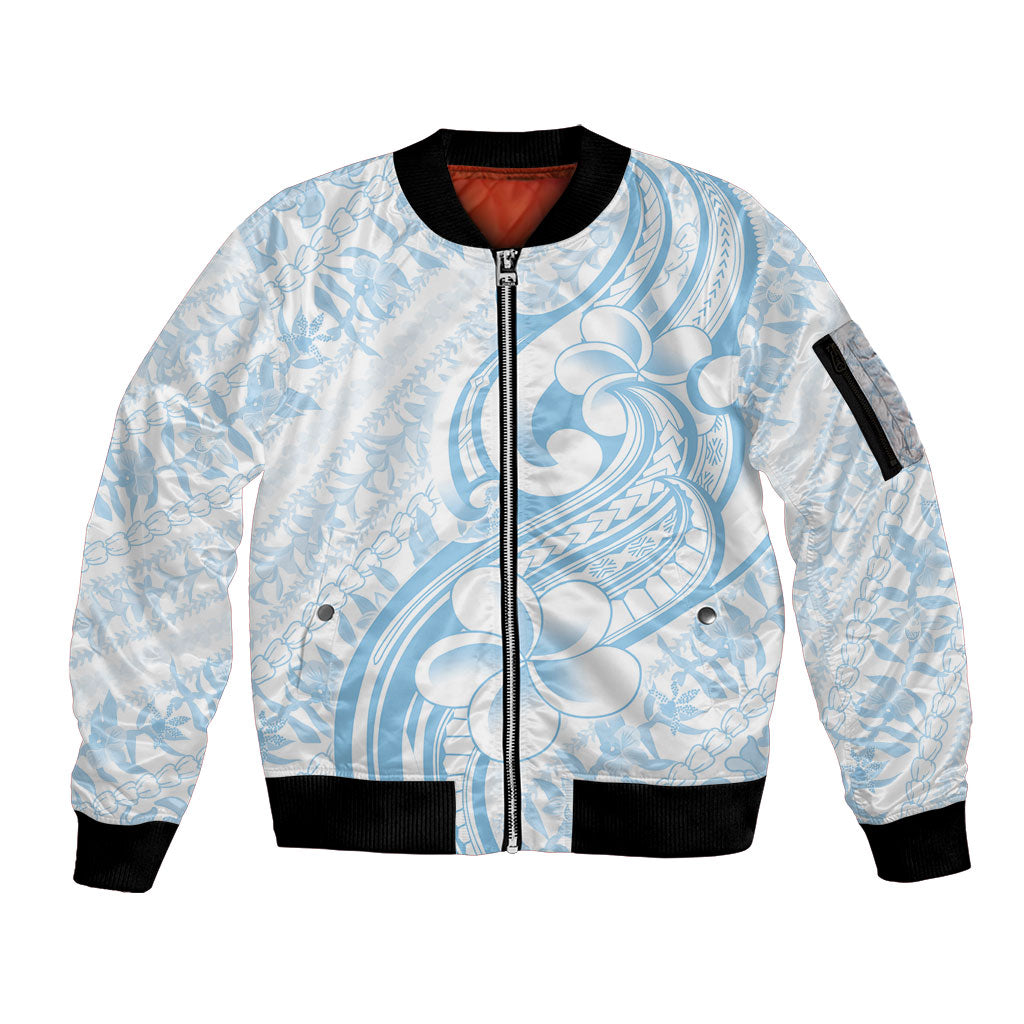 Hawaii Plumeria Lokelani Pikake Lei Sleeve Zip Bomber Jacket Uliuli Polynesian Tattoo