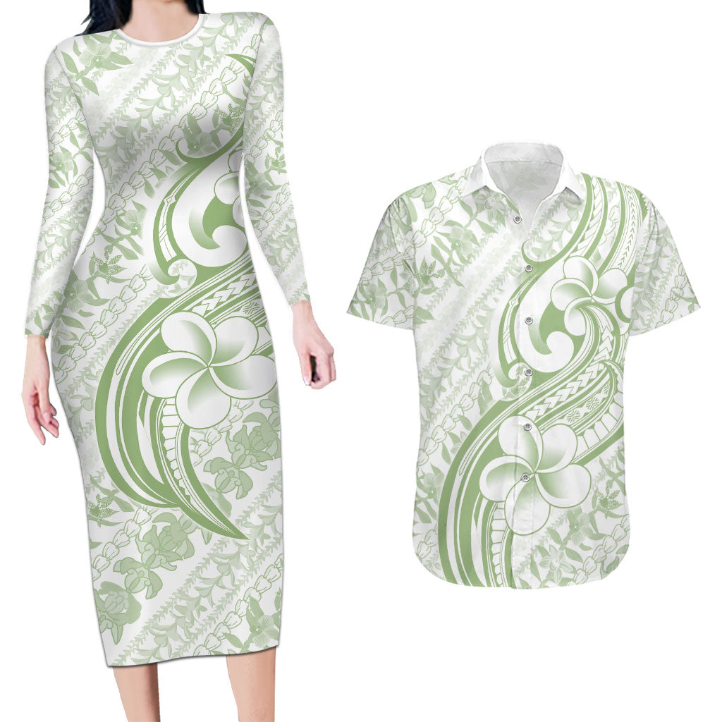 Hawaii Plumeria Lokelani Pikake Lei Couples Matching Long Sleeve Bodycon Dress and Hawaiian Shirt Oma'oma'o Polynesian Tattoo LT9 Green - Polynesian Pride