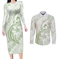 Hawaii Plumeria Lokelani Pikake Lei Couples Matching Long Sleeve Bodycon Dress and Long Sleeve Button Shirt Oma'oma'o Polynesian Tattoo