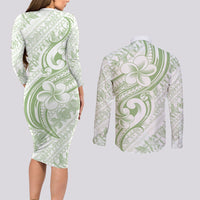 Hawaii Plumeria Lokelani Pikake Lei Couples Matching Long Sleeve Bodycon Dress and Long Sleeve Button Shirt Oma'oma'o Polynesian Tattoo