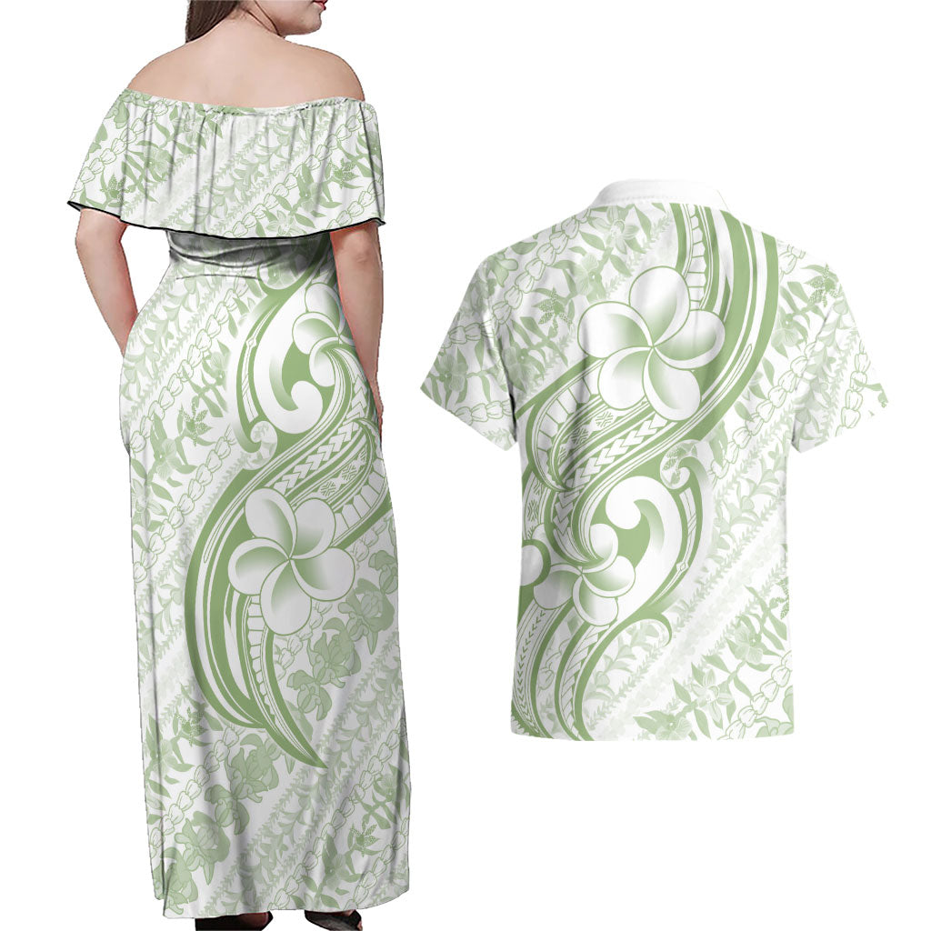Hawaii Plumeria Lokelani Pikake Lei Couples Matching Off Shoulder Maxi Dress and Hawaiian Shirt Oma'oma'o Polynesian Tattoo