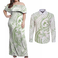 Hawaii Plumeria Lokelani Pikake Lei Couples Matching Off Shoulder Maxi Dress and Long Sleeve Button Shirt Oma'oma'o Polynesian Tattoo