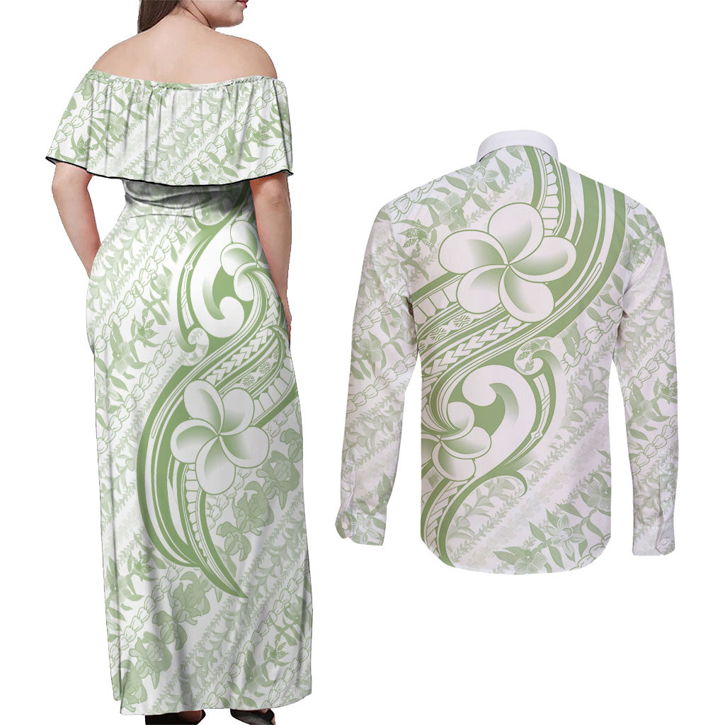 Hawaii Plumeria Lokelani Pikake Lei Couples Matching Off Shoulder Maxi Dress and Long Sleeve Button Shirt Oma'oma'o Polynesian Tattoo