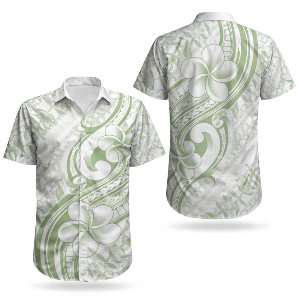 Hawaii Plumeria Lokelani Pikake Lei Couples Matching Off Shoulder Short Dress and Hawaiian Shirt Oma'oma'o Polynesian Tattoo LT9 - Polynesian Pride