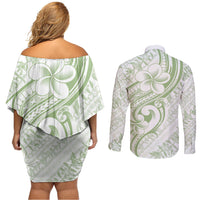 Hawaii Plumeria Lokelani Pikake Lei Couples Matching Off Shoulder Short Dress and Long Sleeve Button Shirt Oma'oma'o Polynesian Tattoo