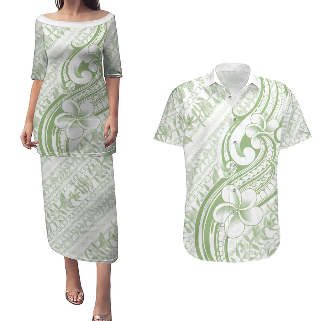 Hawaii Plumeria Lokelani Pikake Lei Couples Matching Puletasi and Hawaiian Shirt Oma'oma'o Polynesian Tattoo
