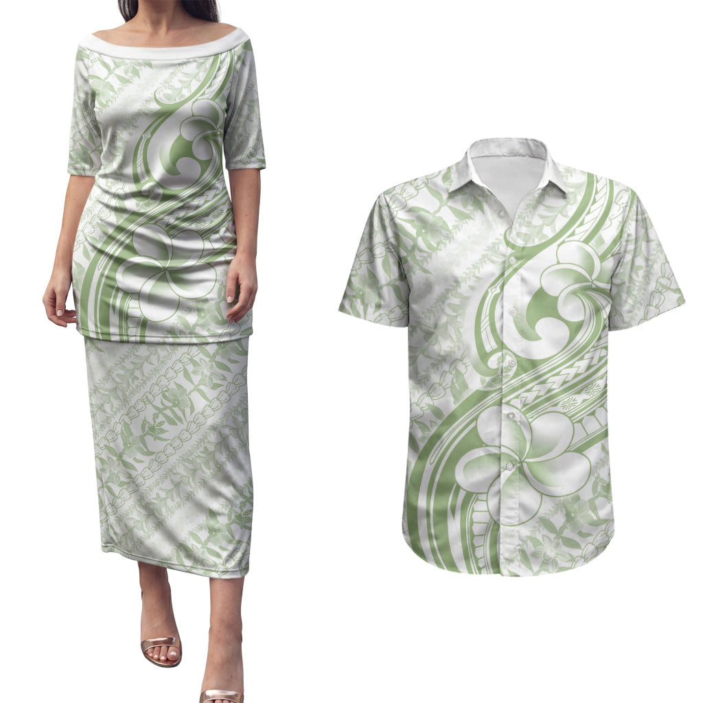 Hawaii Plumeria Lokelani Pikake Lei Couples Matching Puletasi and Hawaiian Shirt Oma'oma'o Polynesian Tattoo LT9 Green - Polynesian Pride