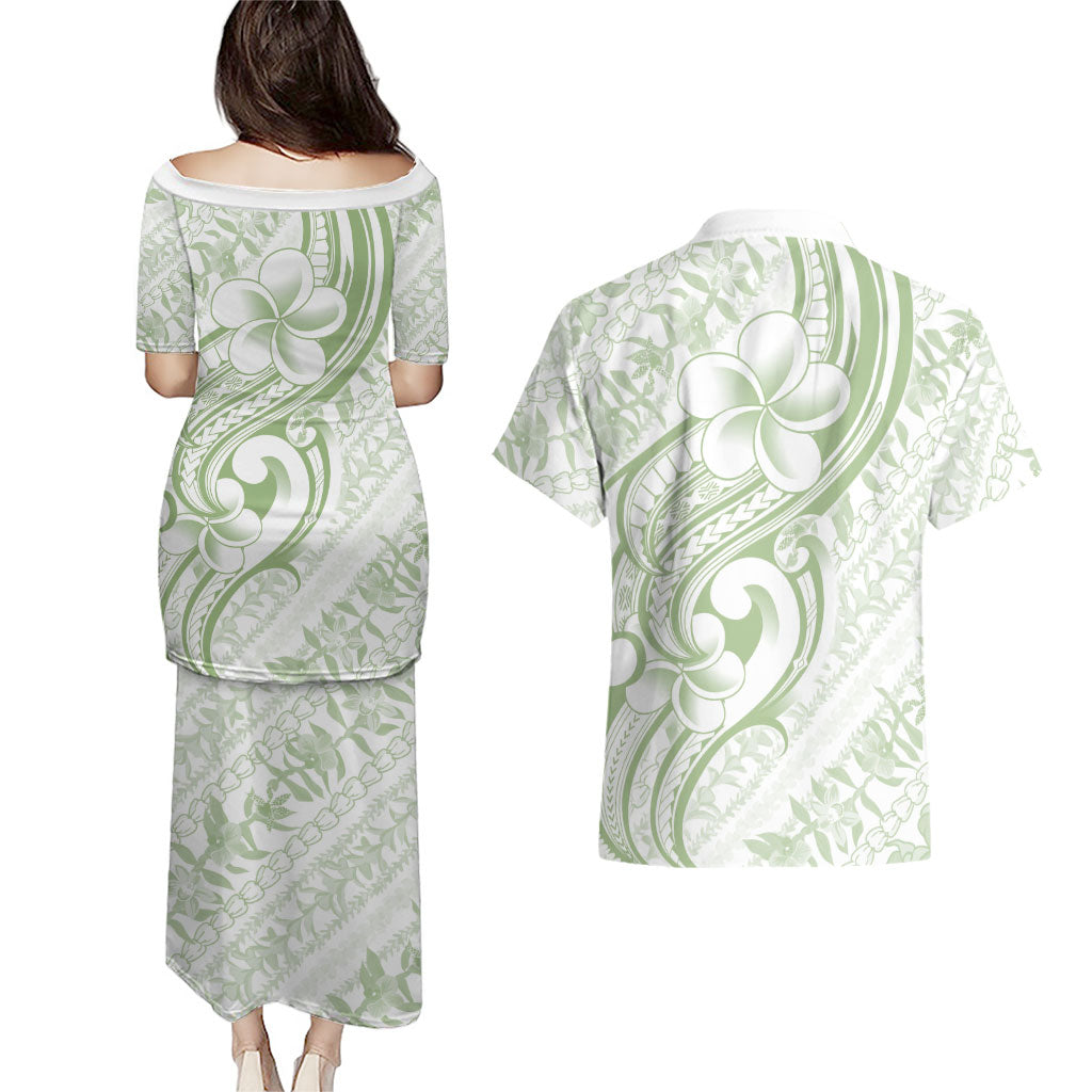 Hawaii Plumeria Lokelani Pikake Lei Couples Matching Puletasi and Hawaiian Shirt Oma'oma'o Polynesian Tattoo