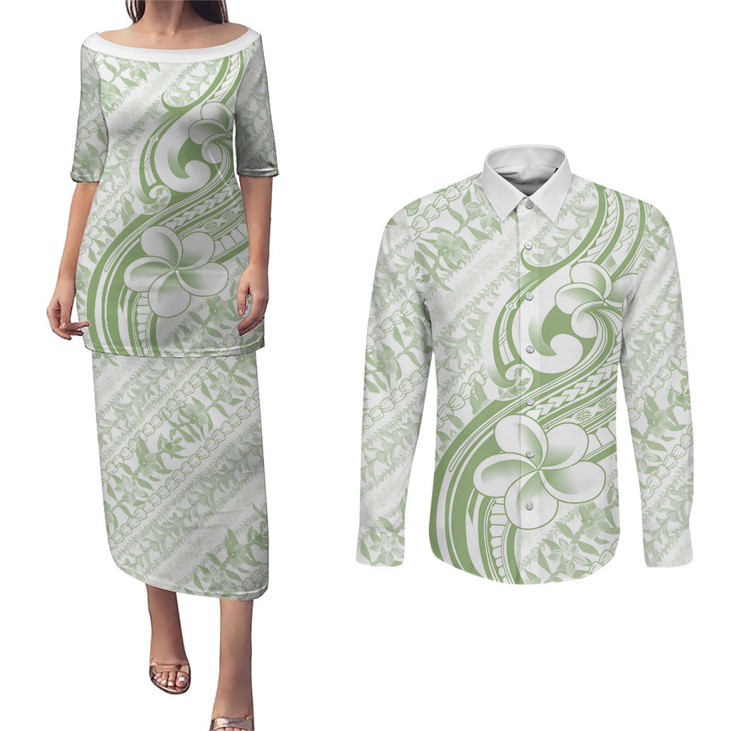 Hawaii Plumeria Lokelani Pikake Lei Couples Matching Puletasi and Long Sleeve Button Shirt Oma'oma'o Polynesian Tattoo