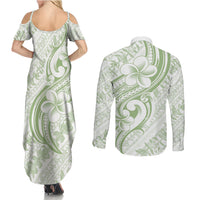 Hawaii Plumeria Lokelani Pikake Lei Couples Matching Summer Maxi Dress and Long Sleeve Button Shirt Oma'oma'o Polynesian Tattoo