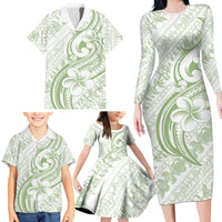 Hawaii Plumeria Lokelani Pikake Lei Family Matching Long Sleeve Bodycon Dress and Hawaiian Shirt Oma'oma'o Polynesian Tattoo