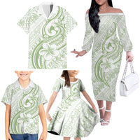 Hawaii Plumeria Lokelani Pikake Lei Family Matching Off The Shoulder Long Sleeve Dress and Hawaiian Shirt Oma'oma'o Polynesian Tattoo