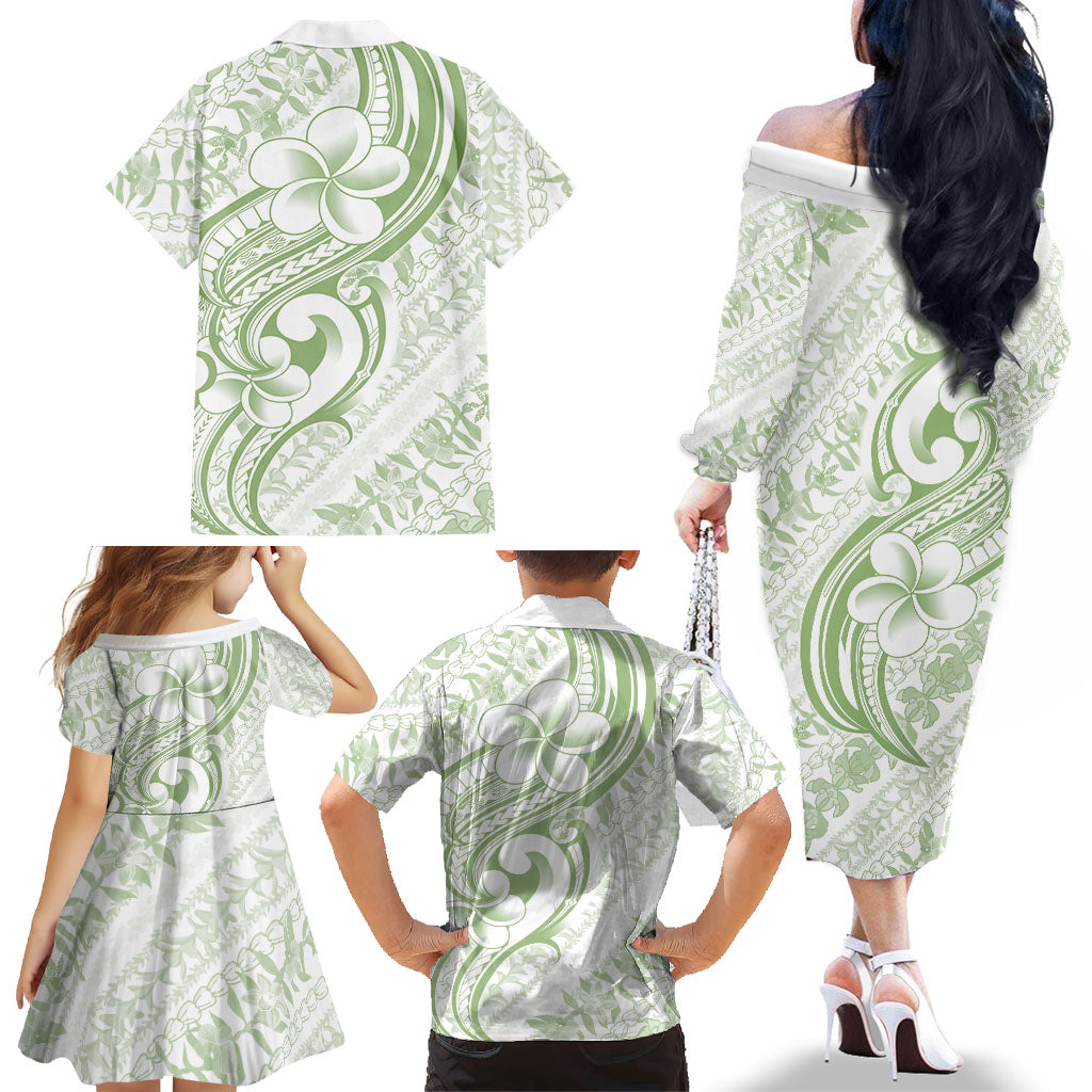 Hawaii Plumeria Lokelani Pikake Lei Family Matching Off The Shoulder Long Sleeve Dress and Hawaiian Shirt Oma'oma'o Polynesian Tattoo