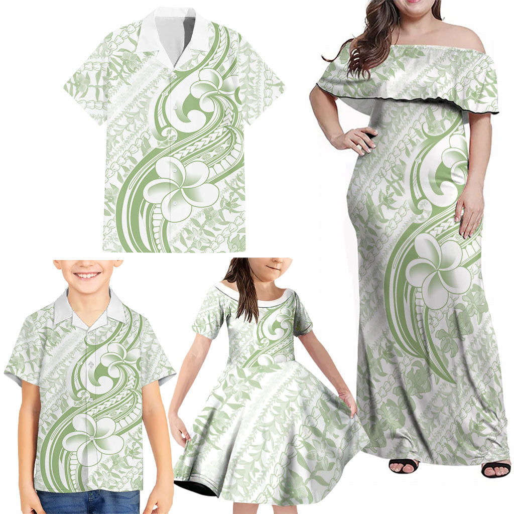 Hawaii Plumeria Lokelani Pikake Lei Family Matching Off Shoulder Maxi Dress and Hawaiian Shirt Oma'oma'o Polynesian Tattoo