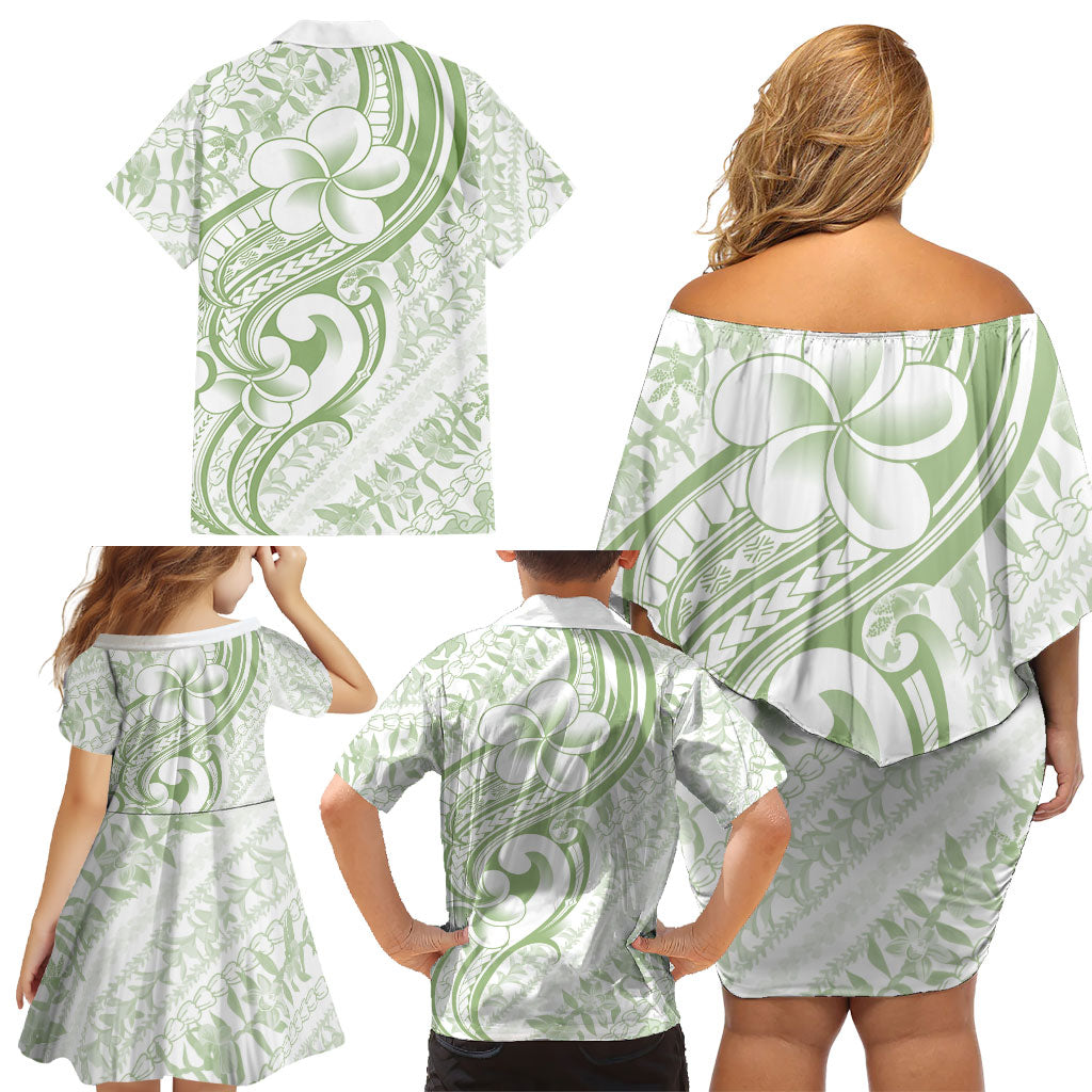 Hawaii Plumeria Lokelani Pikake Lei Family Matching Off Shoulder Short Dress and Hawaiian Shirt Oma'oma'o Polynesian Tattoo