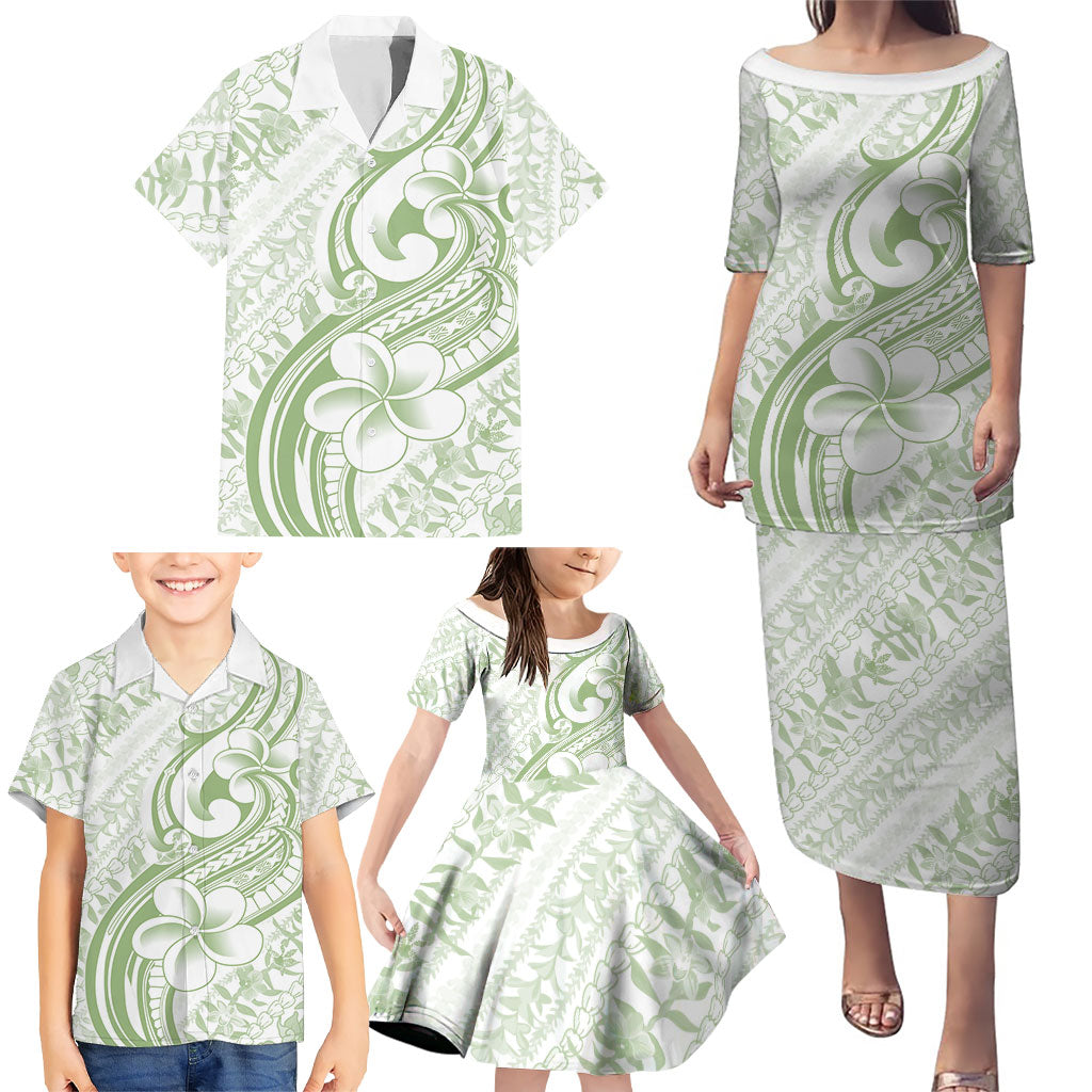 Hawaii Plumeria Lokelani Pikake Lei Family Matching Puletasi and Hawaiian Shirt Oma'oma'o Polynesian Tattoo