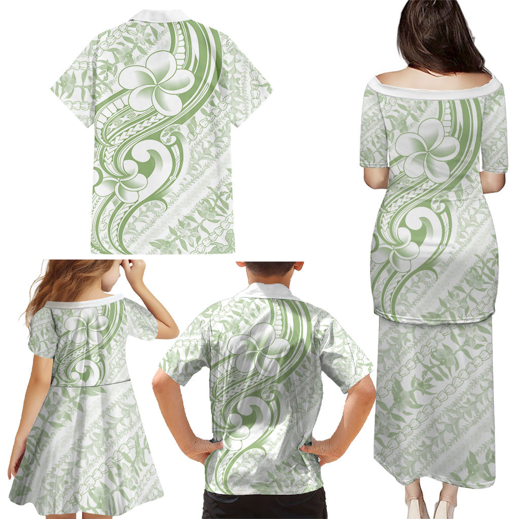 Hawaii Plumeria Lokelani Pikake Lei Family Matching Puletasi and Hawaiian Shirt Oma'oma'o Polynesian Tattoo
