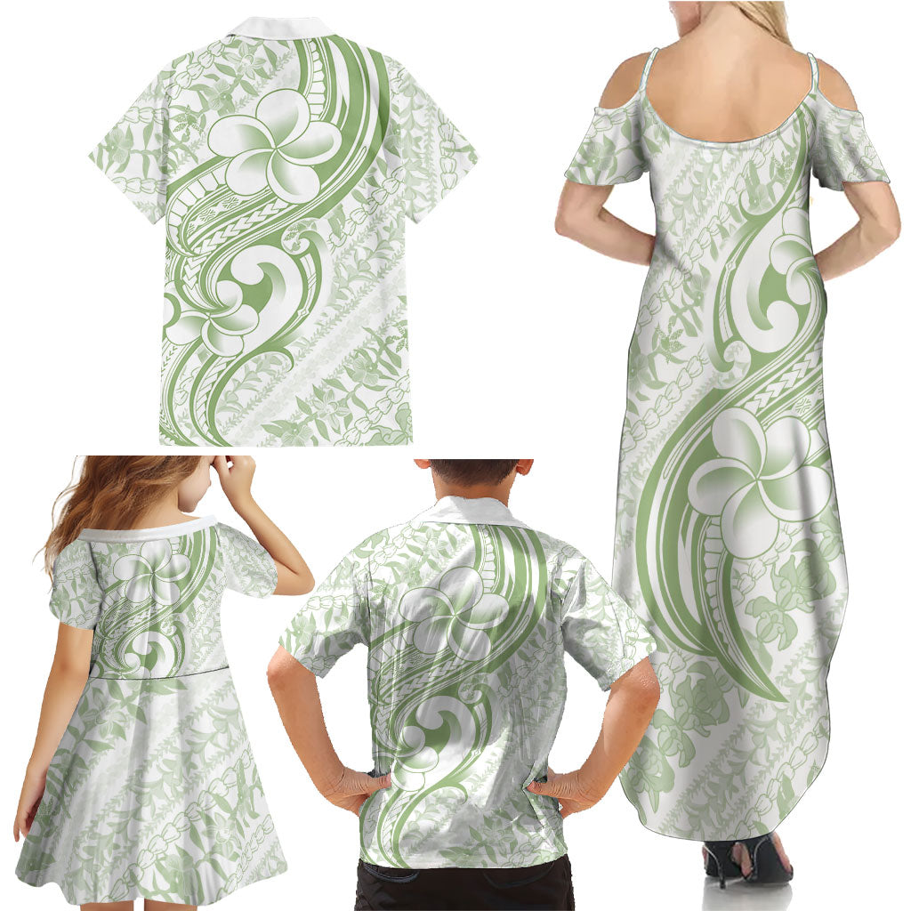 Hawaii Plumeria Lokelani Pikake Lei Family Matching Summer Maxi Dress and Hawaiian Shirt Oma'oma'o Polynesian Tattoo