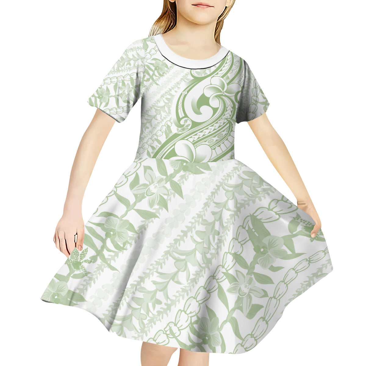 Hawaii Plumeria Lokelani Pikake Lei Kid Short Sleeve Dress Oma'oma'o Polynesian Tattoo