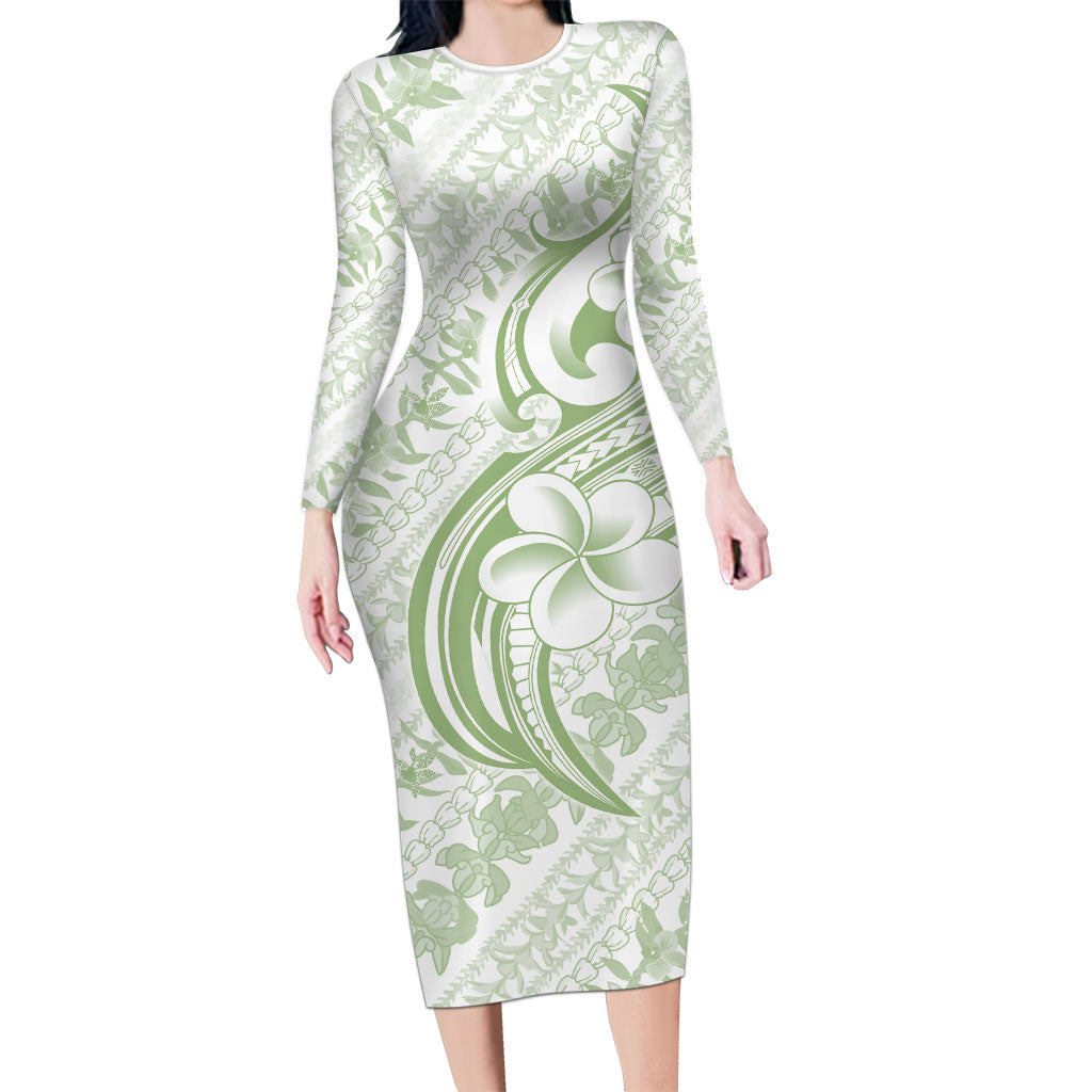 Hawaii Plumeria Lokelani Pikake Lei Long Sleeve Bodycon Dress Oma'oma'o Polynesian Tattoo LT9 Long Dress Green - Polynesian Pride