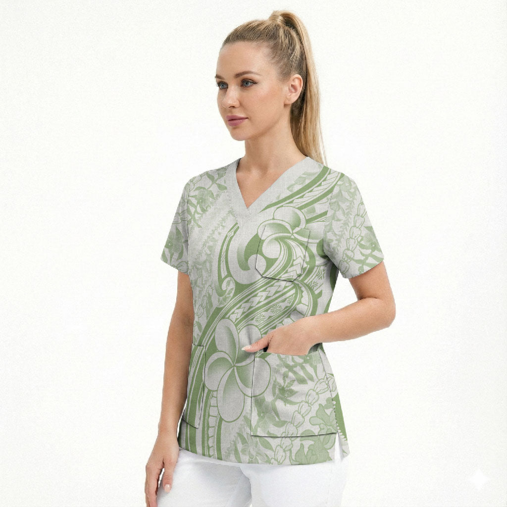 Hawaii Plumeria Lokelani Pikake Lei Scrub Top Oma'oma'o Polynesian Tattoo