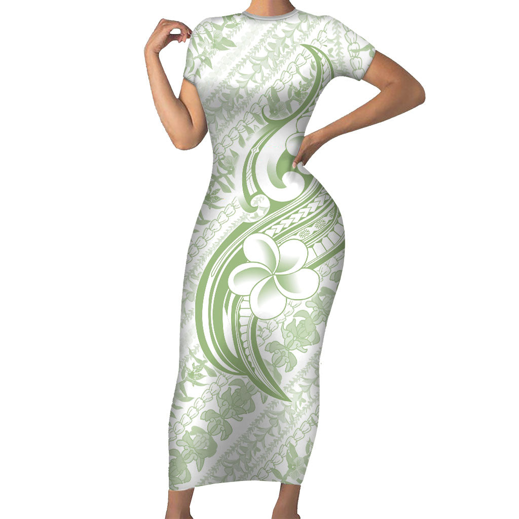 Hawaii Plumeria Lokelani Pikake Lei Short Sleeve Bodycon Dress Oma'oma'o Polynesian Tattoo