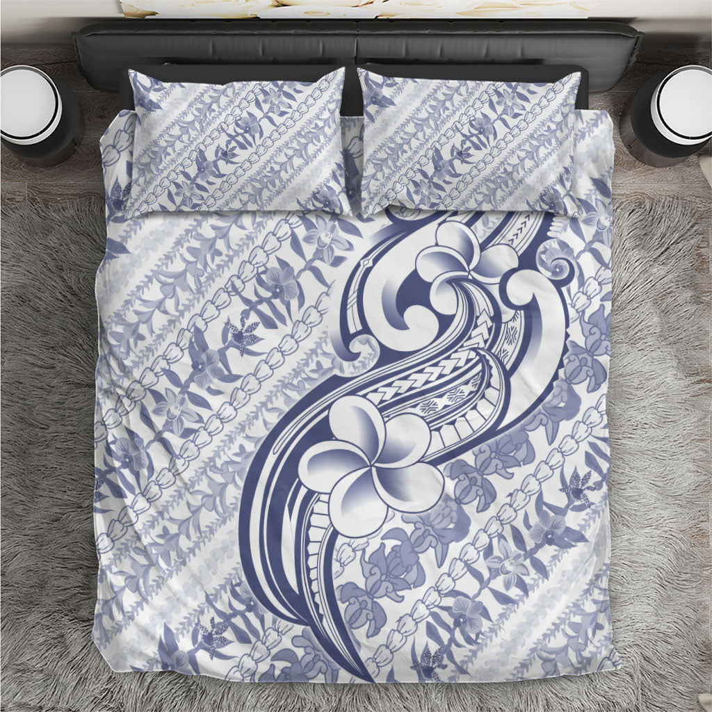 Hawaii Plumeria Lokelani Pikake Lei Bedding Set Navy Blue Polynesian Tattoo