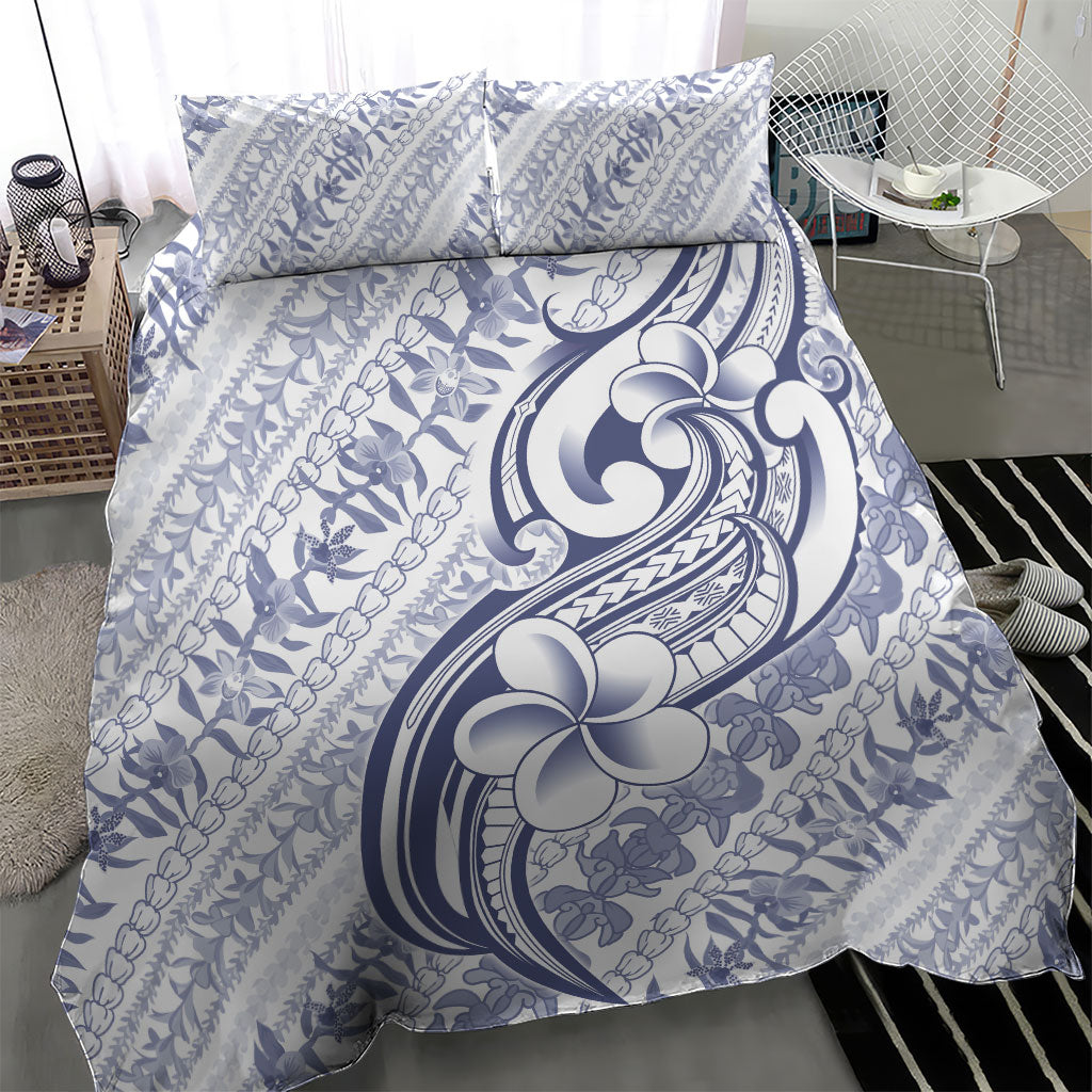 Hawaii Plumeria Lokelani Pikake Lei Bedding Set Navy Blue Polynesian Tattoo