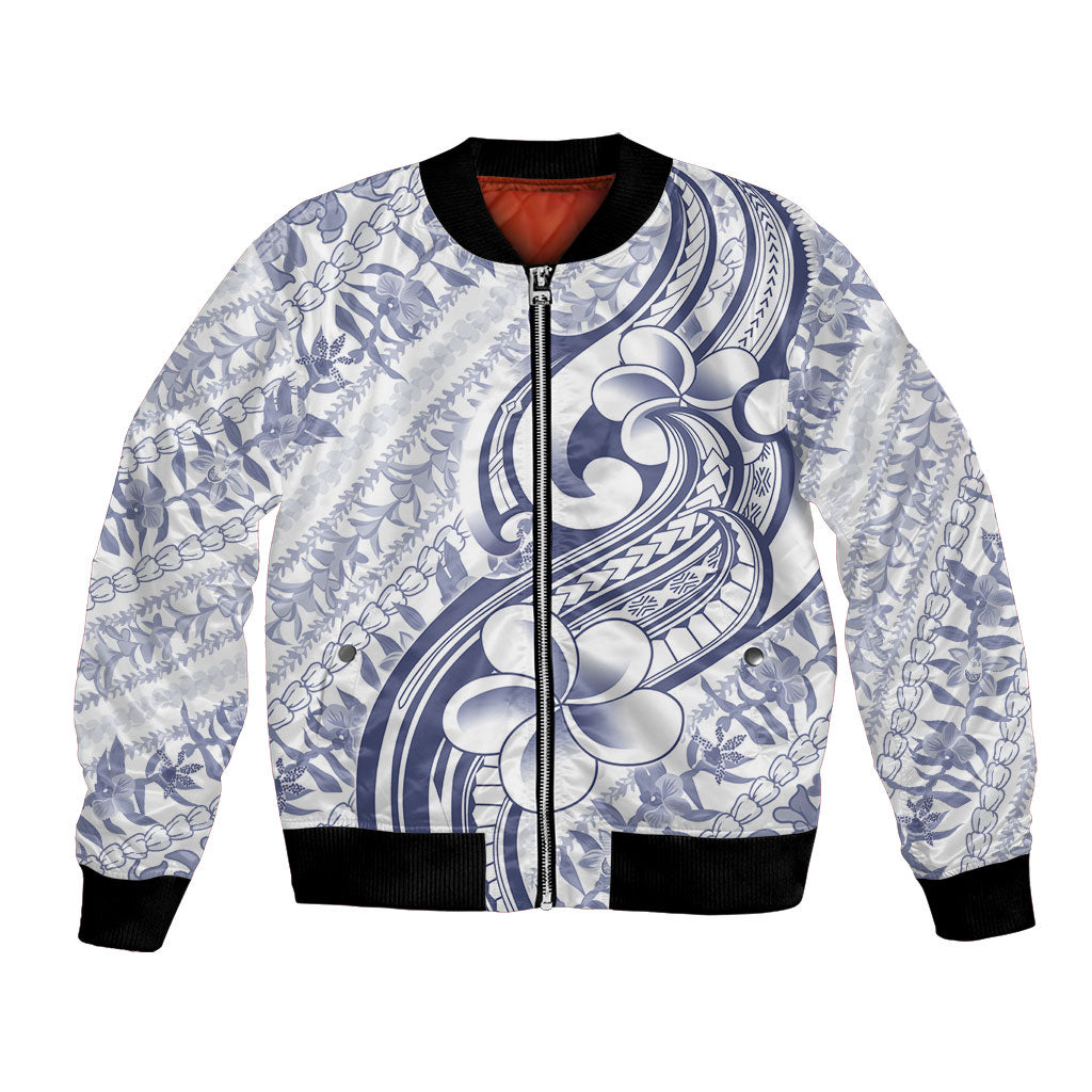 Hawaii Plumeria Lokelani Pikake Lei Bomber Jacket Navy Blue Polynesian Tattoo LT9 Unisex Navy Blue - Polynesian Pride