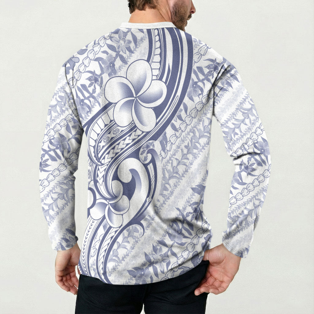 Hawaii Plumeria Lokelani Pikake Lei Button Sweatshirt Navy Blue Polynesian Tattoo