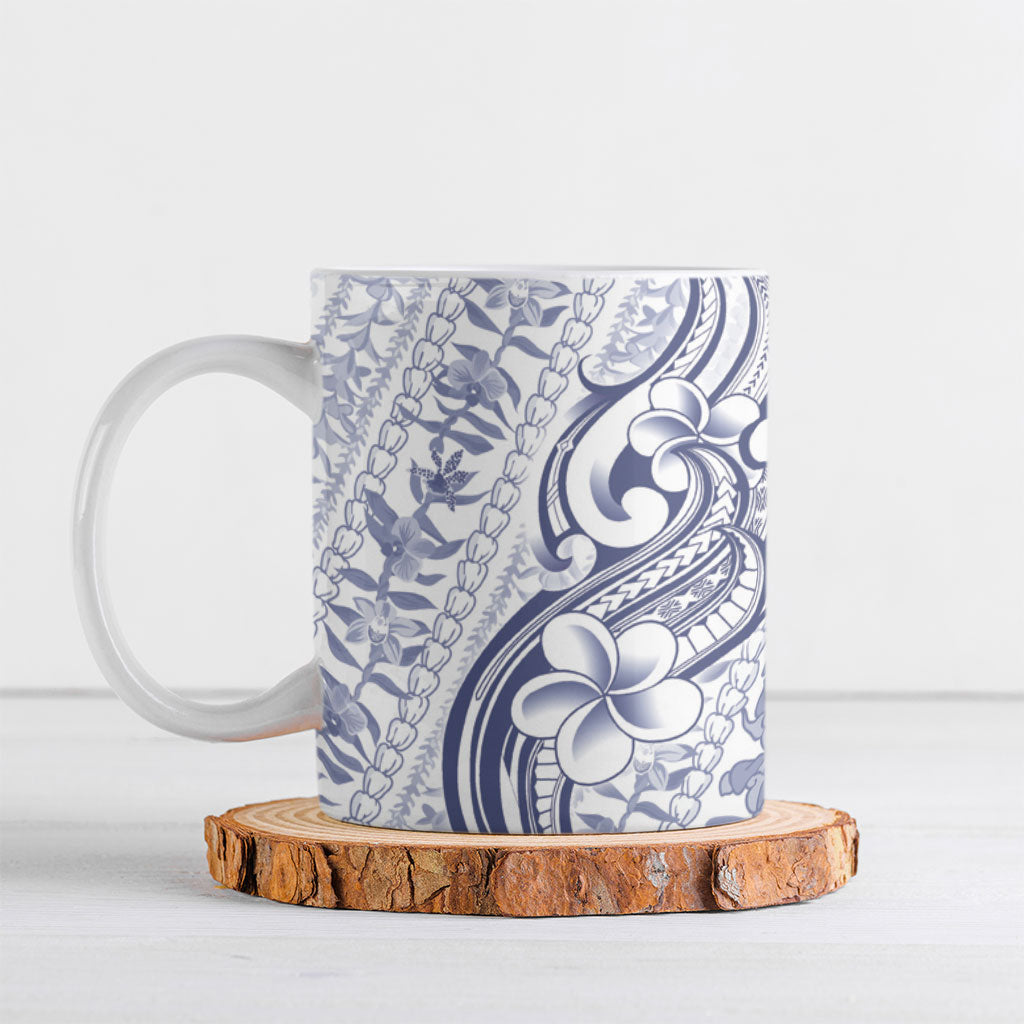 Hawaii Plumeria Lokelani Pikake Lei Ceramic Mug Navy Blue Polynesian Tattoo