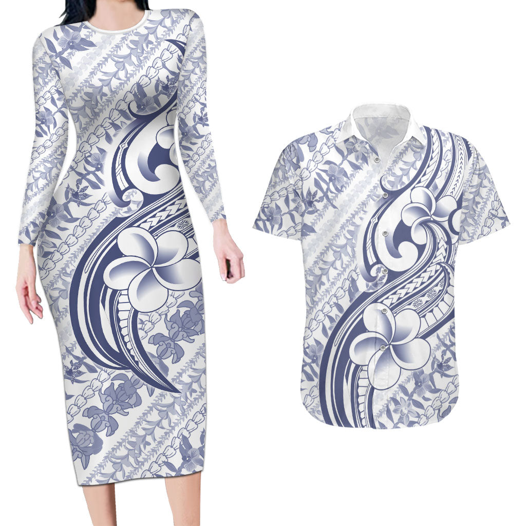 Hawaii Plumeria Lokelani Pikake Lei Couples Matching Long Sleeve Bodycon Dress and Hawaiian Shirt Navy Blue Polynesian Tattoo