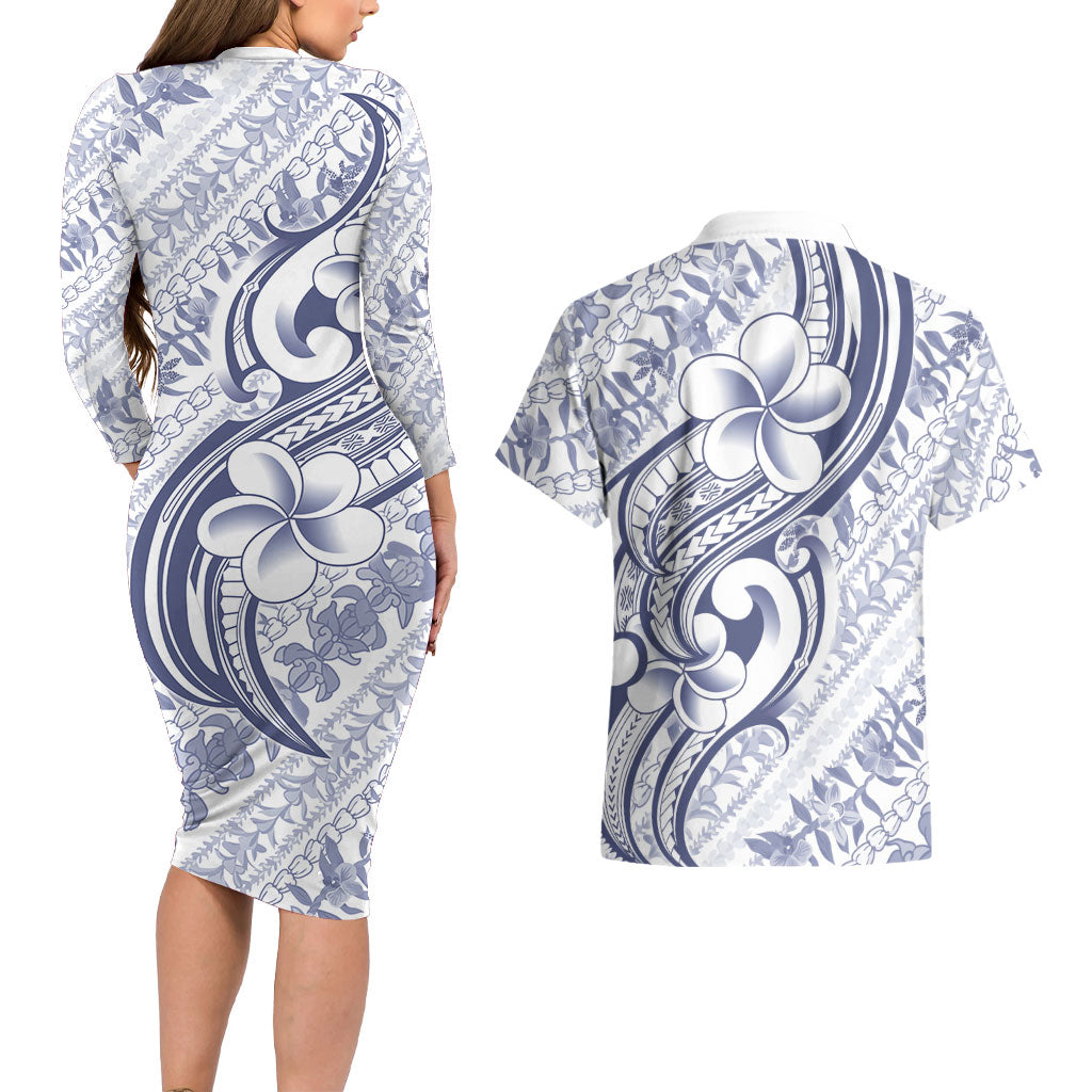 Hawaii Plumeria Lokelani Pikake Lei Couples Matching Long Sleeve Bodycon Dress and Hawaiian Shirt Navy Blue Polynesian Tattoo