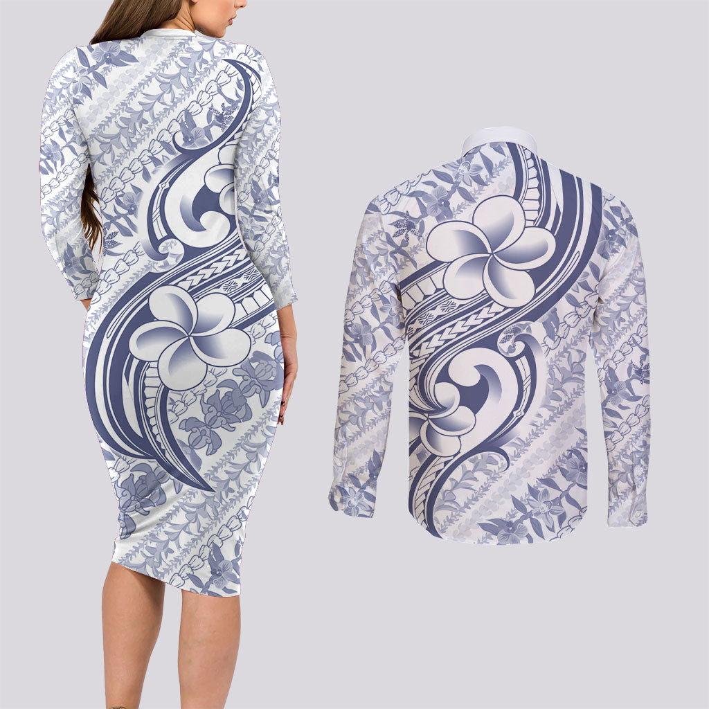 Hawaii Plumeria Lokelani Pikake Lei Couples Matching Long Sleeve Bodycon Dress and Long Sleeve Button Shirt Navy Blue Polynesian Tattoo