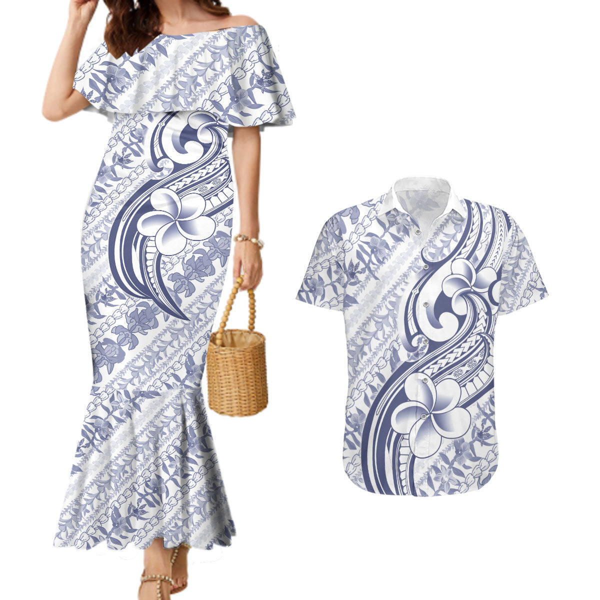 Hawaii Plumeria Lokelani Pikake Lei Couples Matching Mermaid Dress and Hawaiian Shirt Navy Blue Polynesian Tattoo