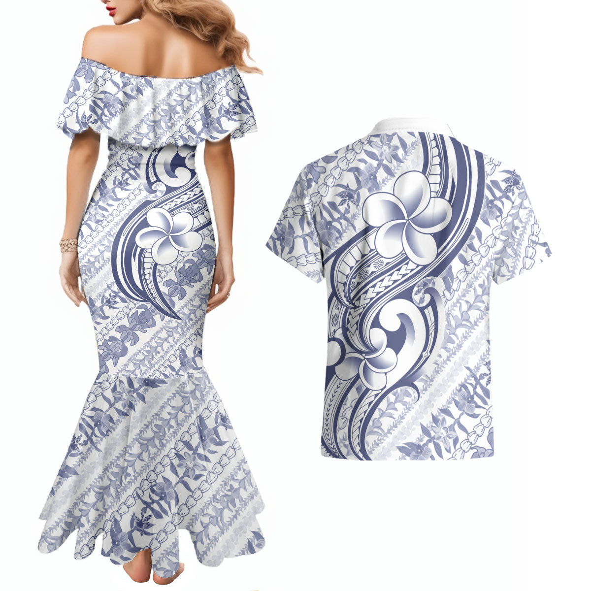 Hawaii Plumeria Lokelani Pikake Lei Couples Matching Mermaid Dress and Hawaiian Shirt Navy Blue Polynesian Tattoo