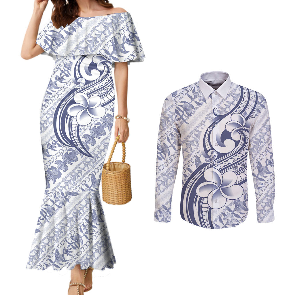 Hawaii Plumeria Lokelani Pikake Lei Couples Matching Mermaid Dress and Long Sleeve Button Shirt Navy Blue Polynesian Tattoo LT9 Navy Blue - Polynesian Pride