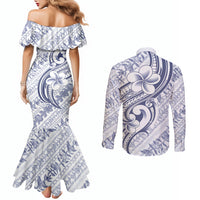 Hawaii Plumeria Lokelani Pikake Lei Couples Matching Mermaid Dress and Long Sleeve Button Shirt Navy Blue Polynesian Tattoo