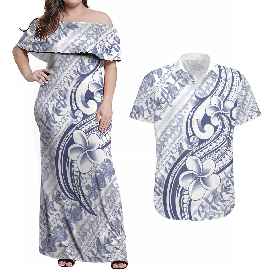Hawaii Plumeria Lokelani Pikake Lei Couples Matching Off Shoulder Maxi Dress and Hawaiian Shirt Navy Blue Polynesian Tattoo