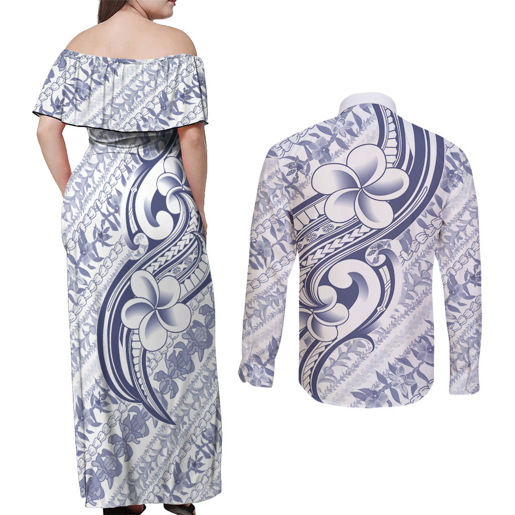 Hawaii Plumeria Lokelani Pikake Lei Couples Matching Off Shoulder Maxi Dress and Long Sleeve Button Shirt Navy Blue Polynesian Tattoo
