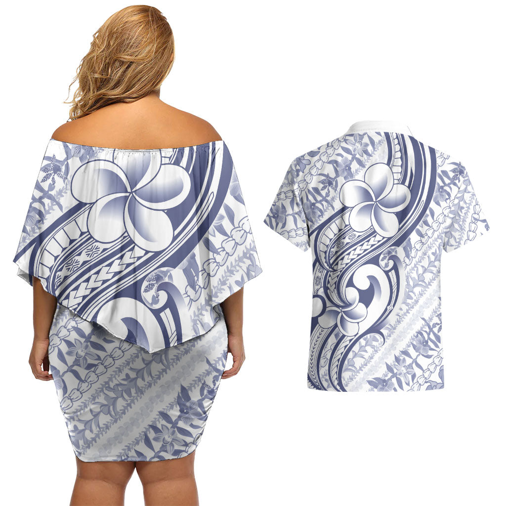 Hawaii Plumeria Lokelani Pikake Lei Couples Matching Off Shoulder Short Dress and Hawaiian Shirt Navy Blue Polynesian Tattoo